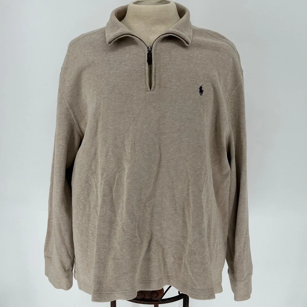 Vtg Polo Ralph Lauren XXL Beige Cotton Quarter Zip Pullover Sweater Heritage